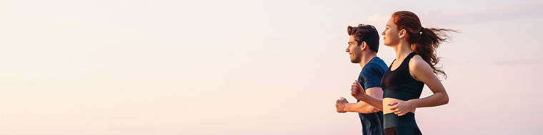 Full body profile couple young two friends strong sporty sportswoman sportsman woman man 20s in sport clothes warm up training run on sand sea ocean beach outdoor jog on seaside in summer day morning.