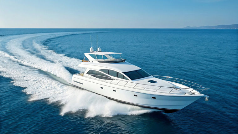 A white luxury yacht speeding through calm blue ocean waters, leaving a curved wake behind.