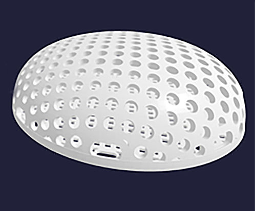 A round structure with a flat base. The 3D-printed part features numerous circular holes.