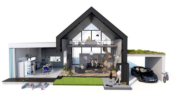 A cross-section of a modern two-story house reveals various rooms including a bedroom, office, living room, kitchen, dining area, entrance hallway, and an attached garage with a car and bicycles. A lawn with scattered toys is visible outside.