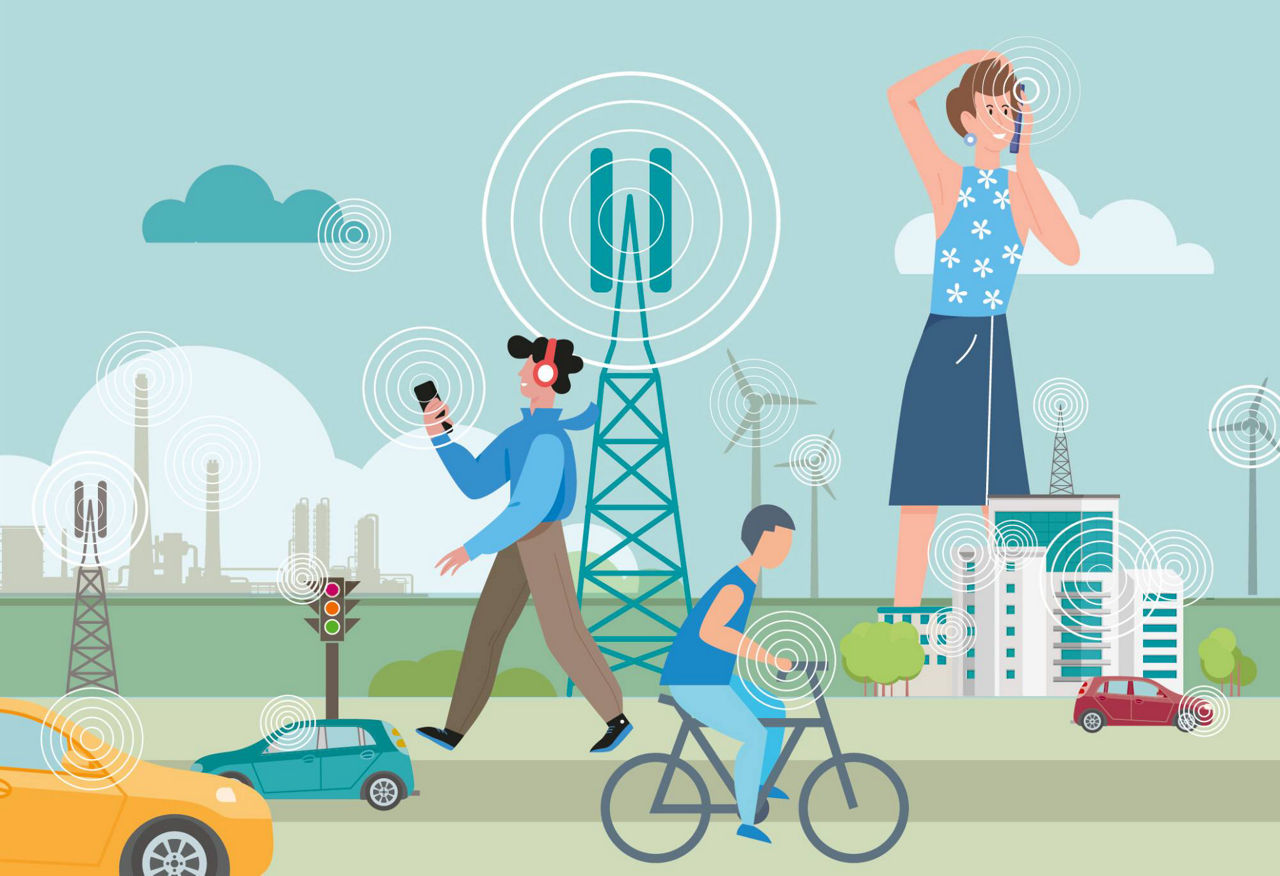 Illustration of wireless communication networks, antennas and signal transmission supported by advanced composite radome technologies.