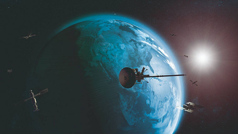 Illustration of Earth with multiple satellites orbiting under bright sunlight in space.