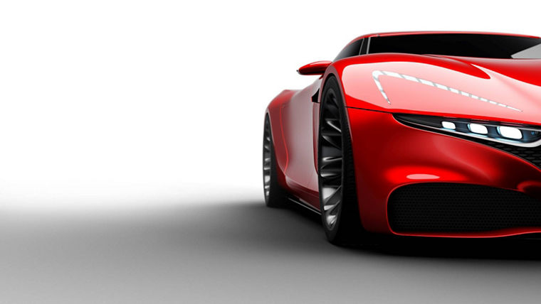Sleek red sports car front with sharp LED headlights and aerodynamic curves on a white background.