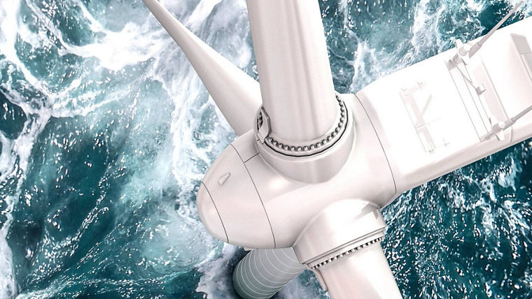 Close-up illustration of a white offshore wind turbine with three blades above turbulent ocean water.