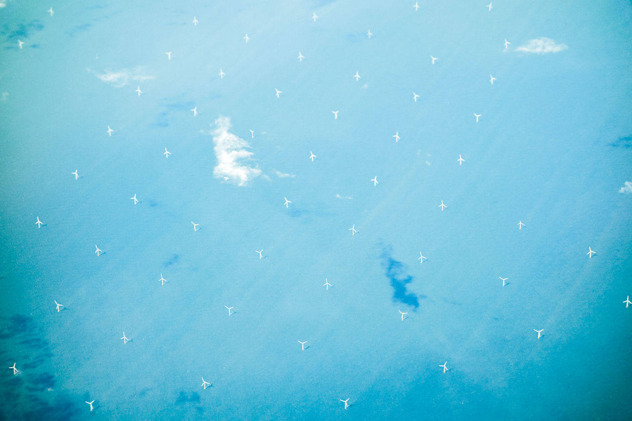 Ein Windpark aus größerer Höhe. Im hellblauen Wasser stehen in einem rechtwinkligen Muster einige Dutzend Windkraftanlagen.