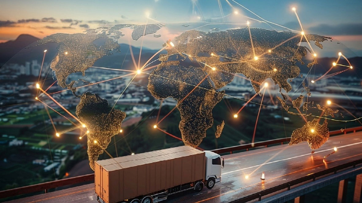 Truck on highway, global network map overlay, illustrating worldwide logistics