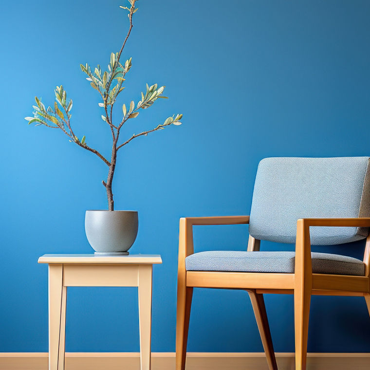 Blue room with yellow chairs UHD wallpaper