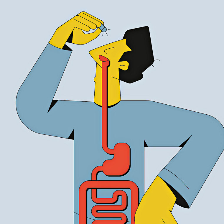 Grafik: Ein Mann nimmt eine Tablette. Auf seinem Körper ist die Position des Dickdarms eingezeichnet.