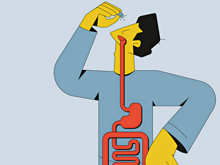 Grafik: Ein Mann nimmt eine Tablette. Auf seinem Körper ist die Position des Dickdarms eingezeichnet.