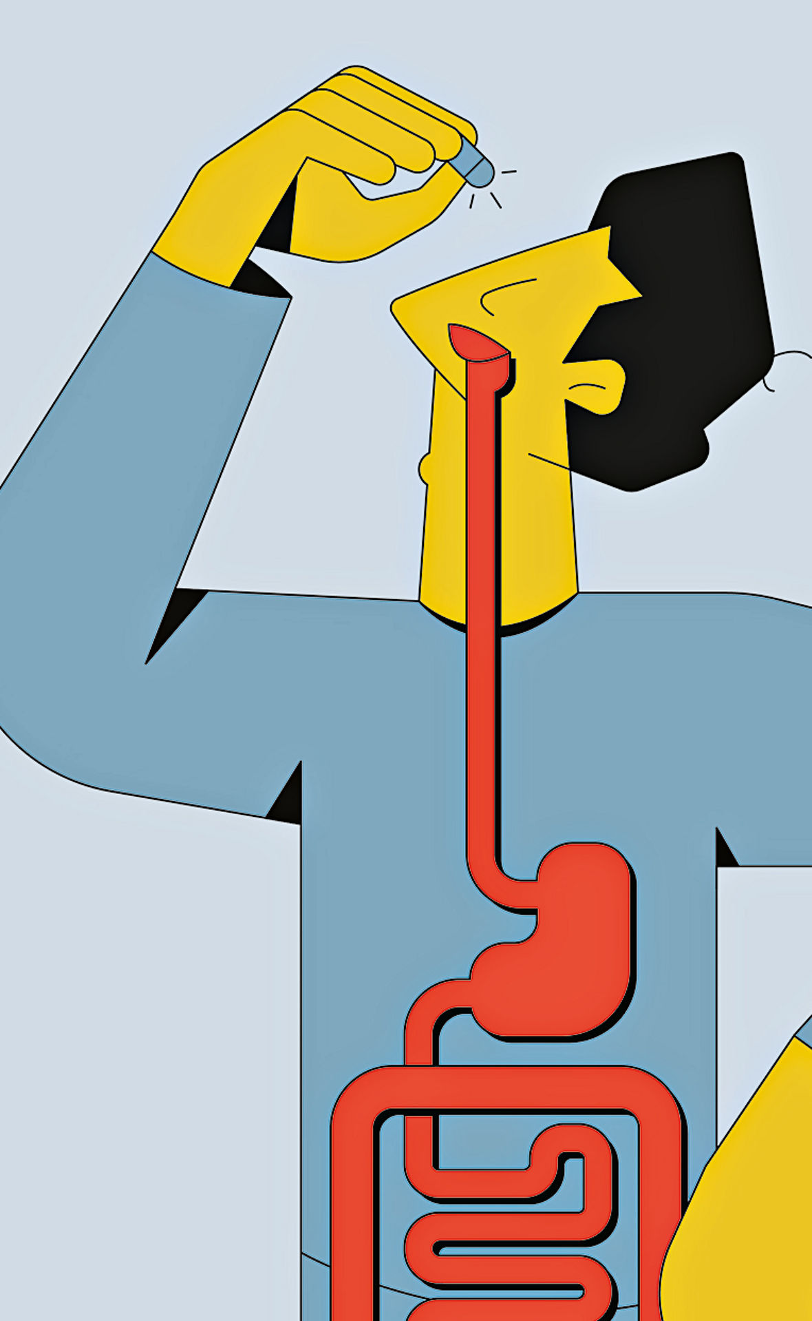 Grafik: Ein Mann nimmt eine Tablette. Auf seinem Körper ist die Position des Dickdarms eingezeichnet.