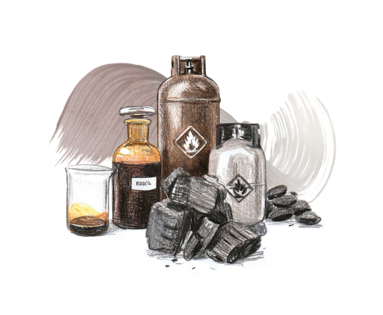 Eine Zeichnung, die Kohlestücke, Behälter mit Rohöl und Gaskartuschen zeigt.