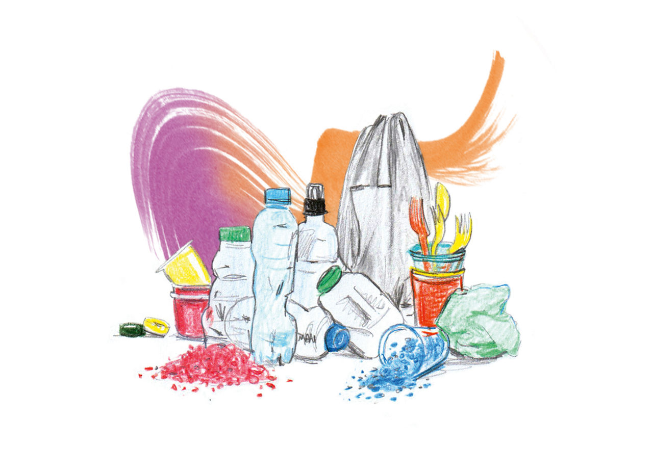 Eine Zeichnung zeigt leere Plastikflaschen, Kunststofftüten, Becher und besteck.