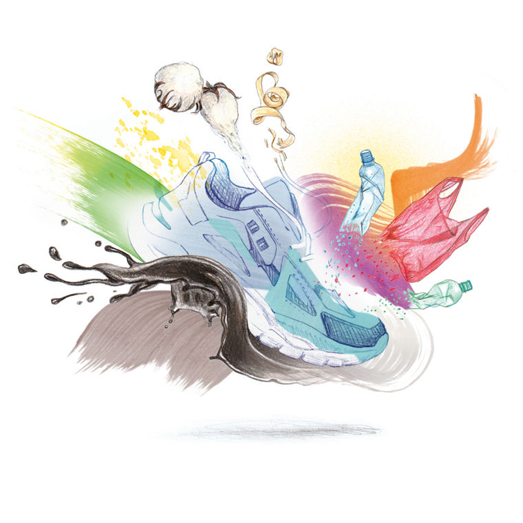 A watercolor-style drawing shows crude oil, plastic shoes and an empty plastic bottle.