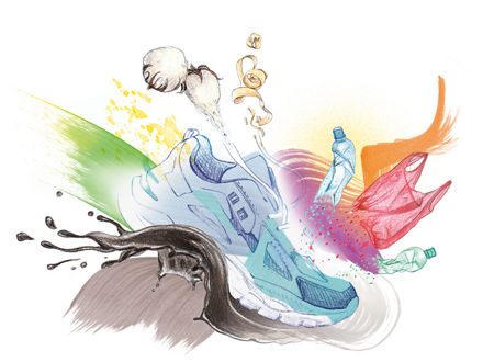 A watercolor-style drawing shows crude oil, plastic shoes and an empty plastic bottle.
