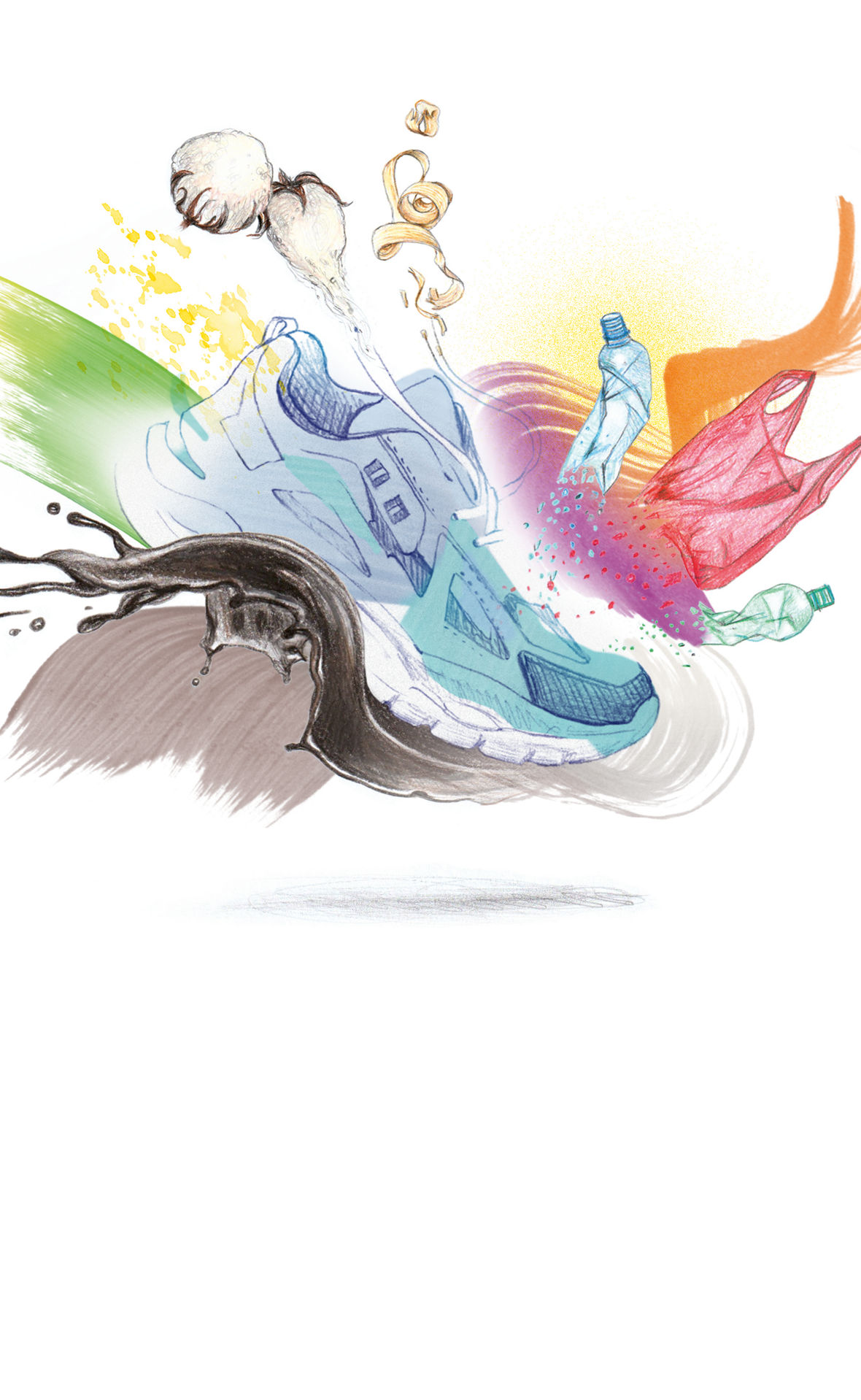 Eine aquarellartige Zeichnung zeigt Rohöl, Kunststoffschuhe und eine leere Plastikflasche