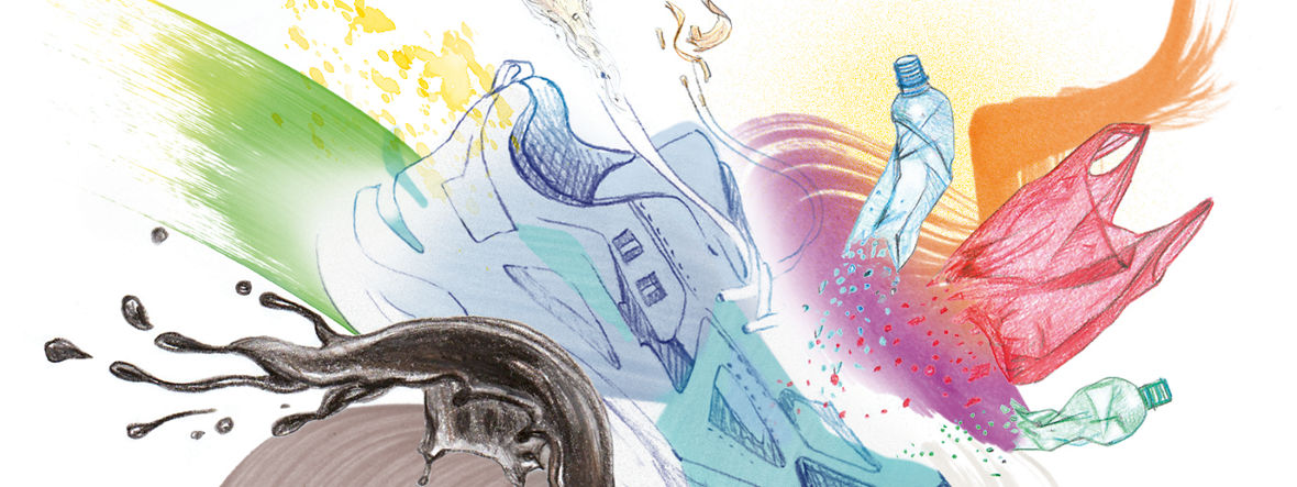 Eine aquarellartige Zeichnung zeigt Rohöl, Kunststoffschuhe und eine leere Plastikflasche