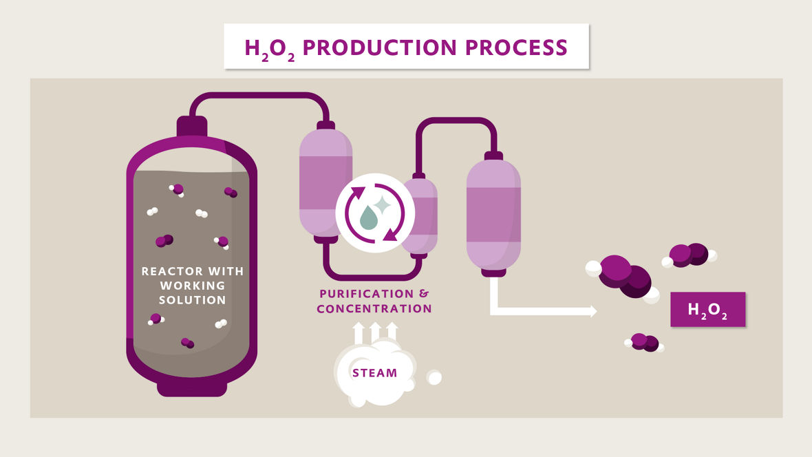 Multiple reactions take place in a reactor containing a working solution, which are then followed by various purification steps.