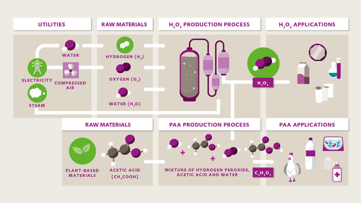 Peracetic acid (PAA) at a glance: auxiliary components, raw materials, production process and applications.