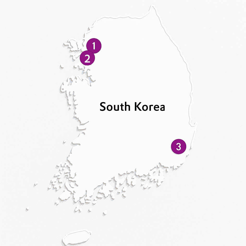 A map of South Korea showing the locations in the northwest and one in the southeast