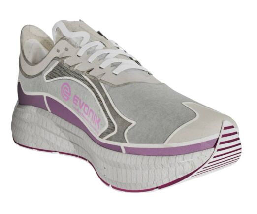 Running shoe with a thick white sole, gray upper, and purple accents along the side.