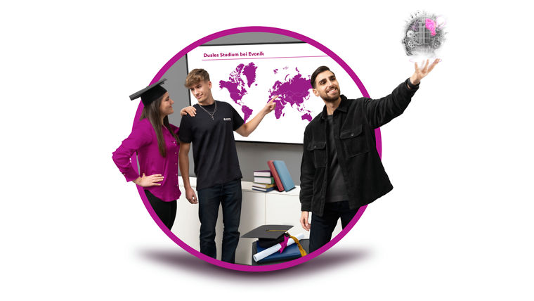 Evonik Auszubildende, die ein duales Studium absolvieren arbeiten gemeinsam in einem Büro bei Evonik.