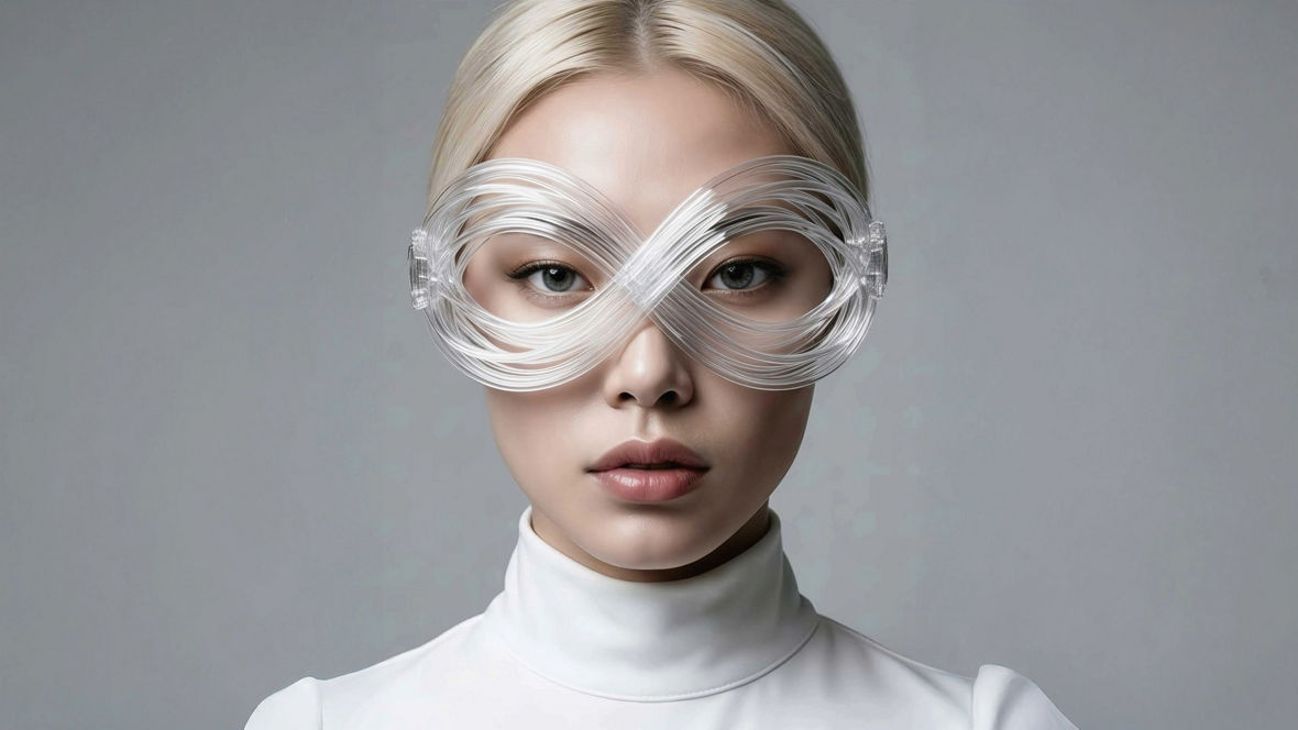 A person with neatly parted platinum-blonde hair is shown wearing a white turtleneck. Transparent, futuristic-looking ear coverings or accessories are positioned on both sides of the head against a plain gray background.