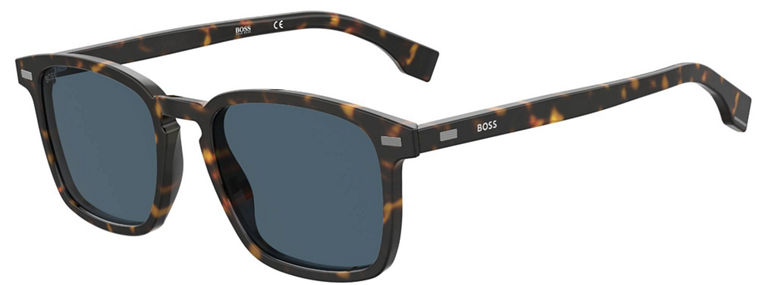 Tortoiseshell-patterned sunglasses with dark rectangular lenses and slim arms featuring subtle metallic accents.