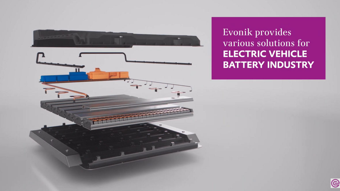 3D illustration of a disassembled electric vehicle battery showing internal components and wiring.