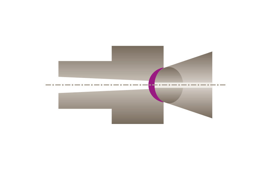 Schematic representation of a nozzle with two diameters, illustrating the flow path from a wider section to a narrower section. The transition is highlighted in purple, emphasizing the change in dimensions and flow characteristics.