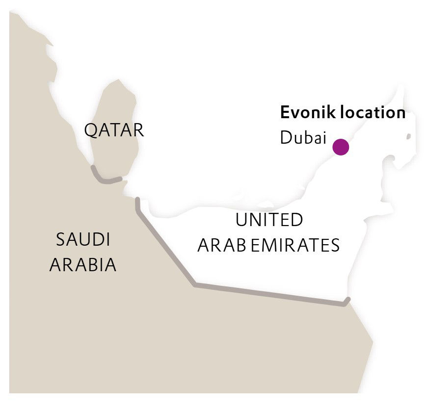 A map of the UAE with Evonik's office in Dubai marked in deep purple