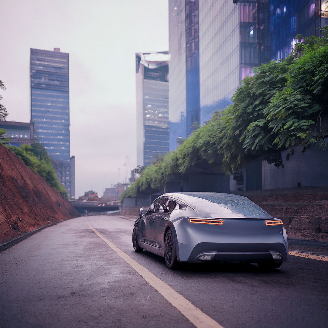 KI-generiertes Bild eines Elektroautos das auf einer Straße neben Hochhäusern fährt