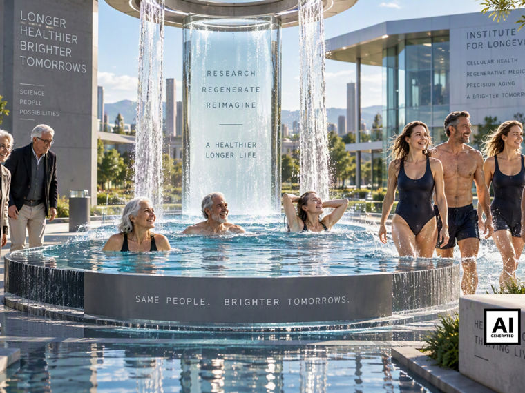 Older people stand on the left side of a pool, watching people bathing in it. On the right, young people walk away joyfully.