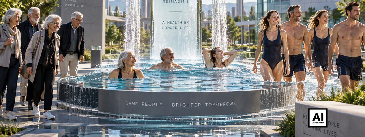 Older people stand on the left side of a pool, watching people bathing in it. On the right, young people walk away joyfully.