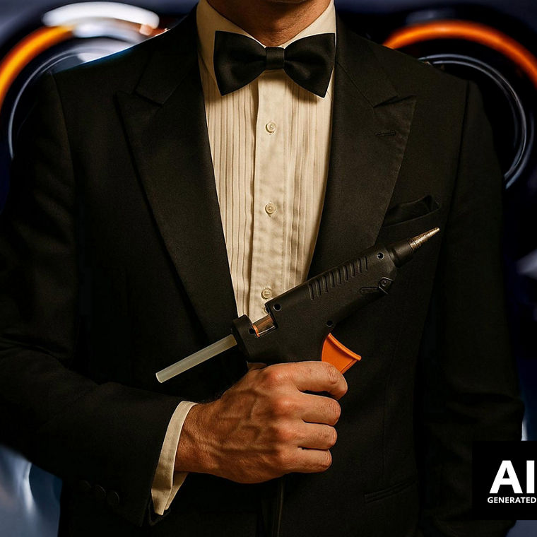 A man in a tuxedo holding a glue gun.