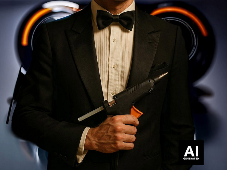 A man in a tuxedo holding a glue gun.
