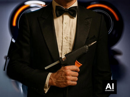 A man in a tuxedo holding a glue gun.