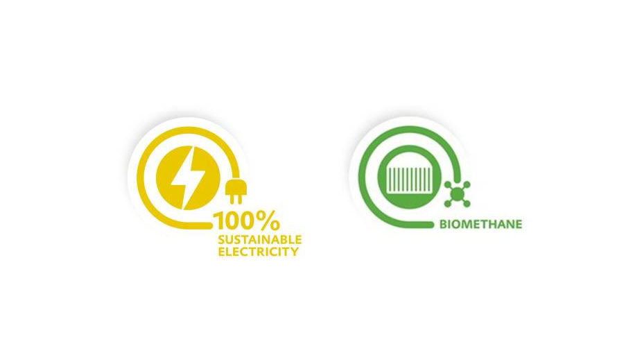 Two icons showing renewable electricity and biomethane as energy sources used in sustainable polymer production