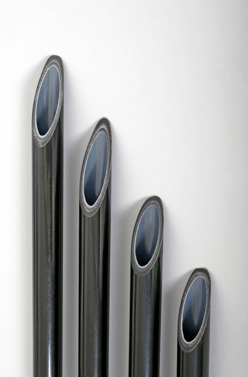 Four black, angled hollow tubes arranged diagonally on a white background.