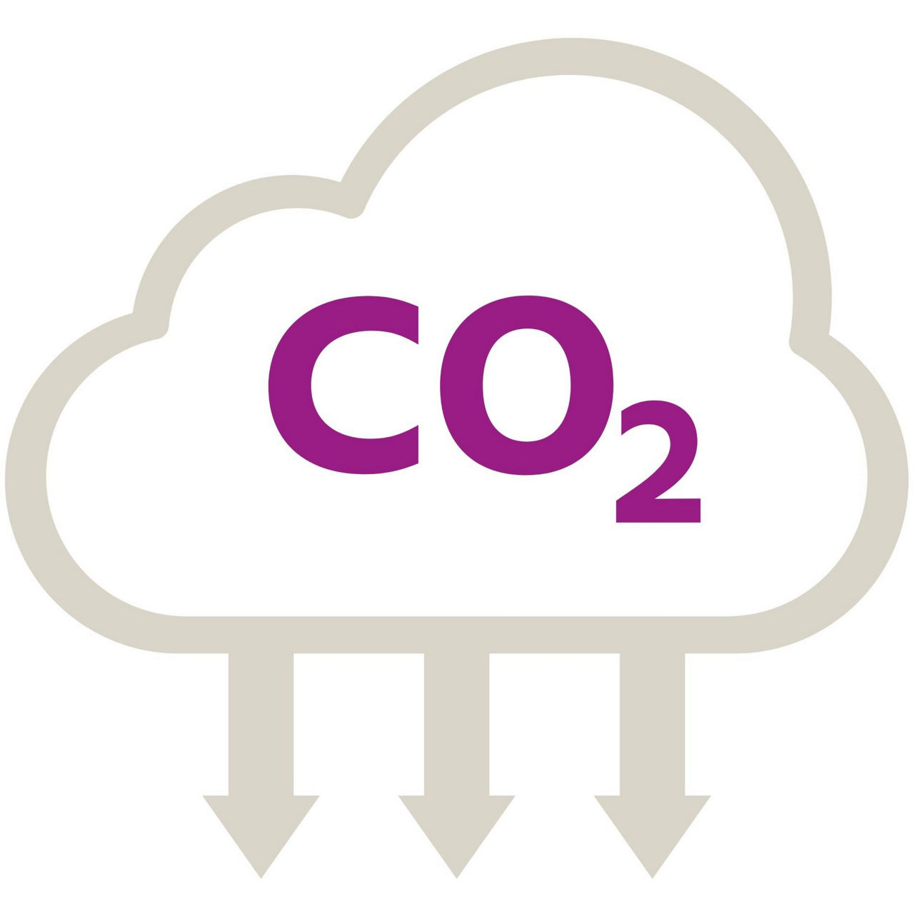 Outline of a cloud containing the text “CO2” with downward arrows below it, symbolizing a reduction in carbon dioxide emissions and a lower environmental impact
