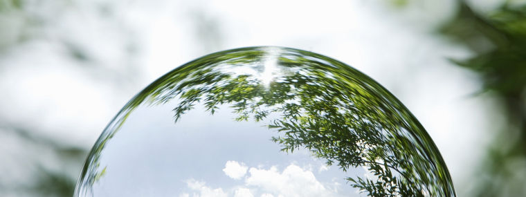 Transparent bubble reflecting green foliage and sky, symbolizing sustainability, environmental responsibility, and eco-friendly innovation in polyurethane solutions.