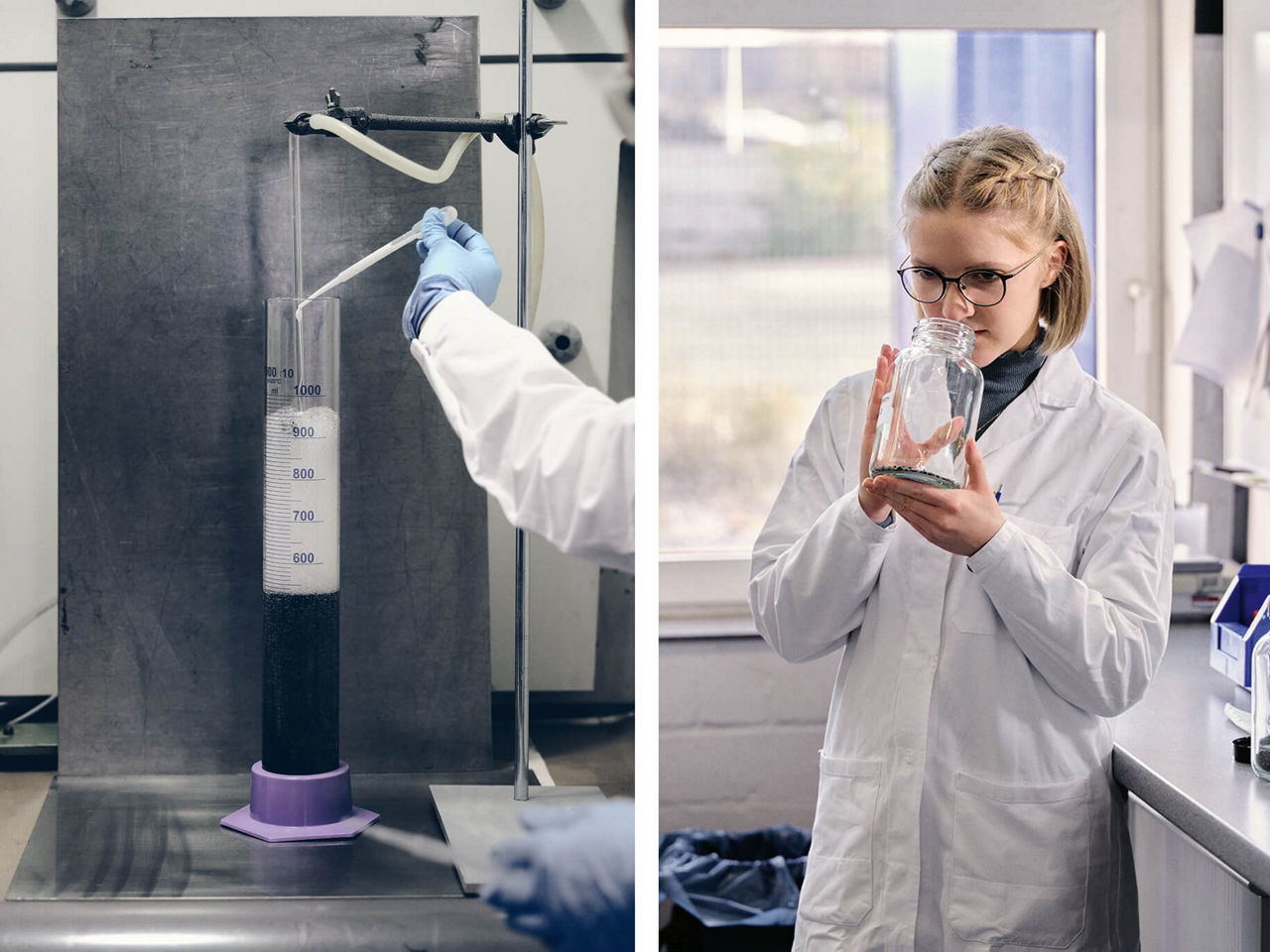 Chemical lab assistant Janina Kilian checks the odor of a sample of recycled plastic.