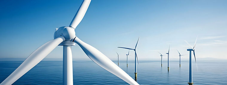 A series of wind turbines in the ocean harnessing renewable energy.