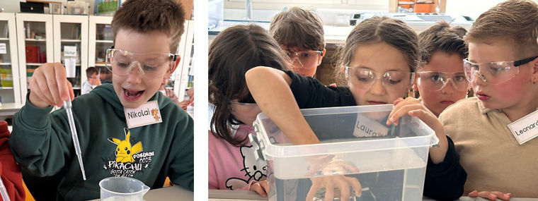 Close-Up von Schülerinnen und Schülern, die im Rahmen von Young Spirit experimentieren