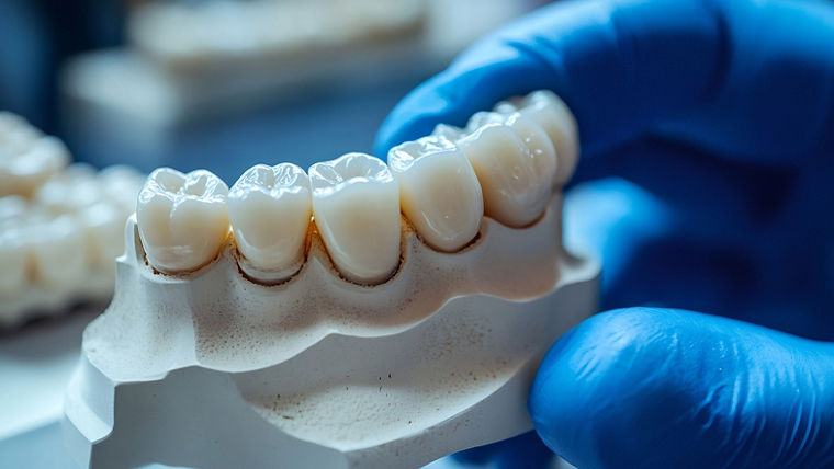 Close up of dental prosthesis showing perfect teeth alignment, held by dentist wearing blue gloves, representing oral health and dental care
