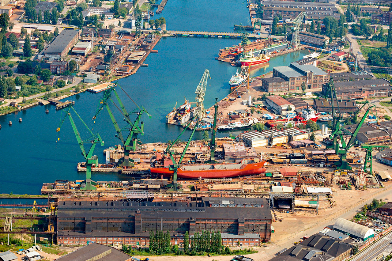 Drone shot of the shipyard in the port of Gdansk.