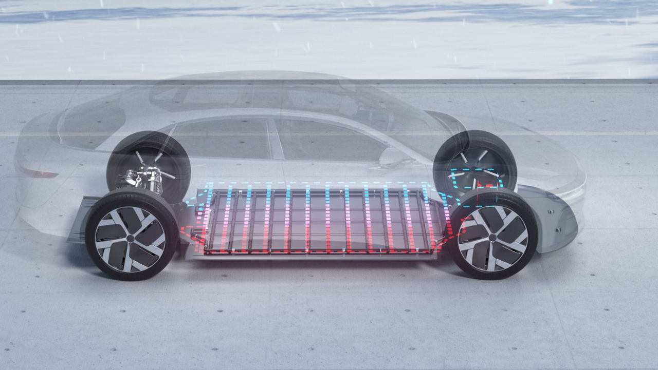 Grafik eines Elektroautos, Im Bodenbereich sind die Batteriezellen mit den Kühlleitungen zu sehen.