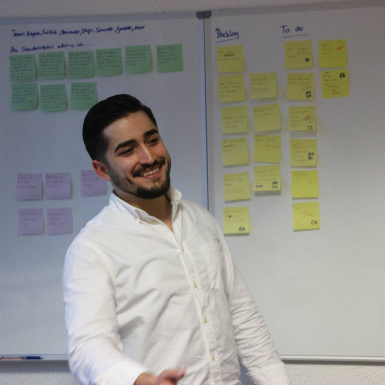 A person stands in front of a whiteboard filled with colorful sticky notes organized into categories for project management.