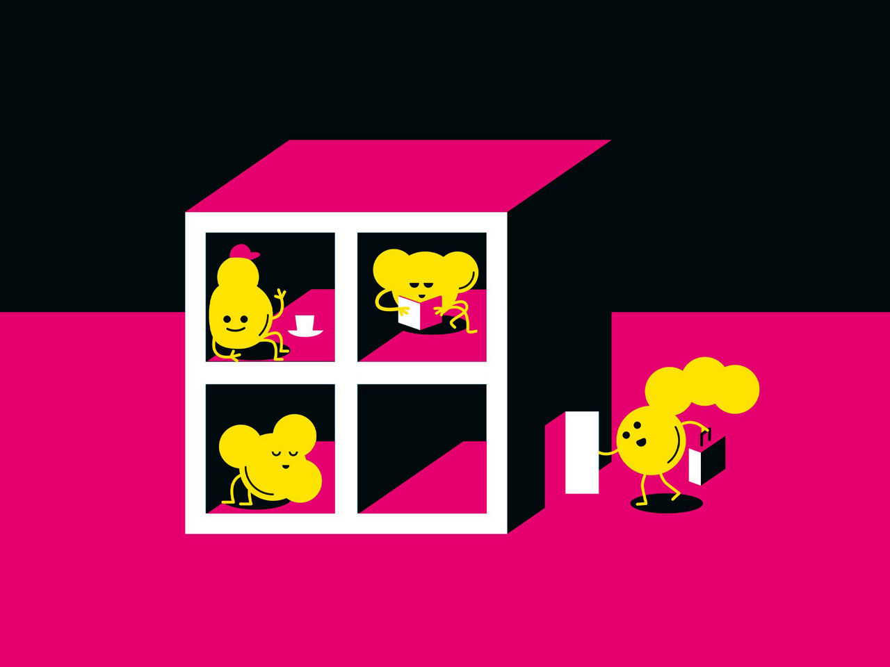 Ein quadratisches Würfelhäuschen mit vier Kammern, in das stilisierte Moleküle einziehen.