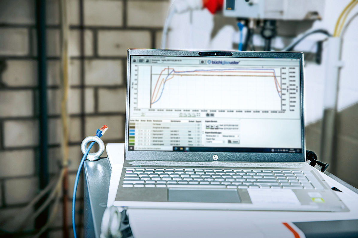 Ein Laptop-Bildschirm  zeigt drei verschiedene Messlinien.