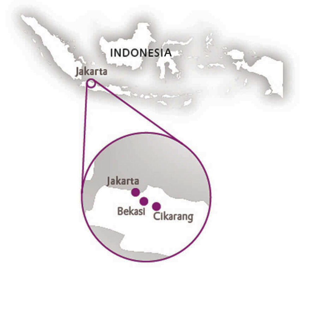 Am map of Indonesia with the cities Jakarta,  Bekasi, and  Cikarang.